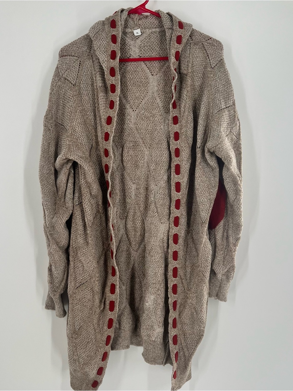 Textured Knit Hooded Cardigan with Red Trim